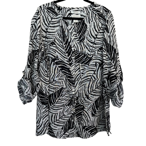 Cynthia Rowley 1X Linen Palm Print Roll Tab Sleeves Mother of Pearl Buttons Top - Picture 16 of 16